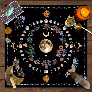 VIKAMA Moon Flower Twin Dancer Tarot Khăn Trải Bàn Hình Lưỡi Liềm Starlight Lotus Nghi Thức Tâm Linh Thiêng Liêng Vải Bàn Thờ Phong Cách Hiện Đại Có Thể Giặt Bằng Máy 100% Polyester
