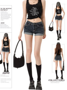 MZVZ | Vintage American Rolled Hem Embroidered Low Waist Fitted Womens Denim Shorts