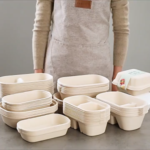 50Pcs Oval Sugarcane Bagasse Container Disposable Lunch Box Salad Bowl With Plastic Lid