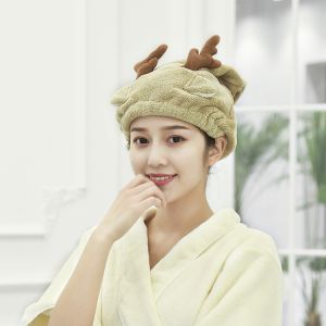 Coralline Velvet Dry Hair Cap Deer Antler Absorbent Cartoon Animal Adult Bath Cap Home Use Polyester Home Dry Hair Hats