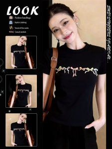 Fashionable Versatile Black Bowknot Print T-Shirt