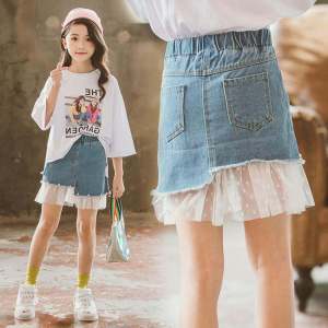 Girls Summer Denim Skirt Childrens Half-length Fashionable Korean Style Short Skirt Polyester Fiber Pure Color Skirt