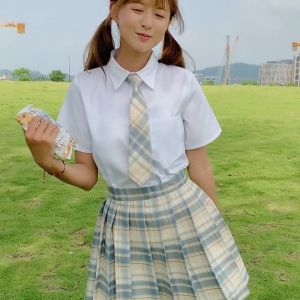 【Bestella✨COD】Seragam Pelajar Dasi Bebas Simpul Gaya Preppy Aksesori Kemeja Kotak-kotak Pendek Gaya Jepang COD