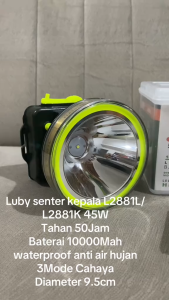 Luby Senter Kepala L 2881K 45Watt LAMPU KUNING With Dimmer Switch Super LED Rechargeable 50 JAM