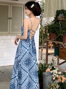 Dream Horse Backless Long Skirt Ultra Fairy Tale Style Strapless Beachside Blue Chiffon Dress Fashionable Summer Ensemble