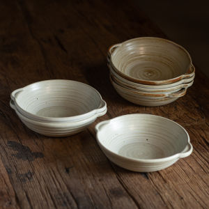 Retro Thick Earthenware Bowl Ceramic Breakfast Salad Dessert Dish Single Person Dining Utensils Double Ear Porcelain Bowl