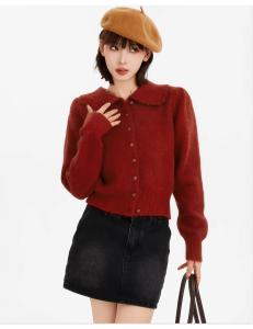 Áo Khoác Len Cardigan Ngắn Màu Đỏ Cho Nữ Mùa Thu Đông Áo Lót Bên Trong Cổ Polo Dáng Ôm Dài Tay Màu Trơn