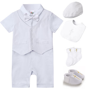 Baby Boy Christening Outfit Infant Baptism Romper Toddler Birthday Party Gift Photoshoot Clothes Newborn White Formal Summer Set