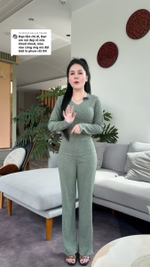 Đồ Bộ Cổ Tim Tay Dài Quần Suông chất liệu gân đũa lạnh đồ bộ nữ mặc nhà đồ bộ ủ kem