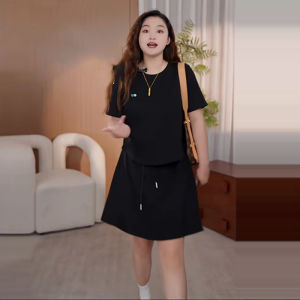 plus Size Fashionable Two-Piece Set Womens Summer Slimming Concealing Casual Sporty Short Sleeve T-Shirt Mini Skirt