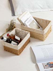 กล่องเก็บของวางบนโต๊ะ พื้นผิวที่ทำจากใบไม้ไผ่ที่ถักด้วยมือ พื้นที่สำหรับจัดระเบียบ กล่องเก็บของสำหรับใช้ในบ้าน กล่องเก็บของสำหรับจัดระเบียบ