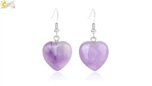 CSJA 2022 Natural Stone Earrings Heart Pendant Drop Earring Pink Purple Quartz Crystal Dangle Women Party Wedding Jewelry F315
