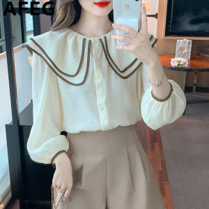 AFEG solid Korean doll collar fashionable loose and versatile chiffon long sleeve blouse for women