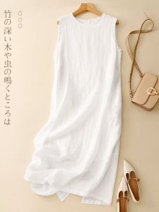 White Linen Long Dress for Women Simple Sleeveless Summer Commuting Vest Skirt Loose Fit Slimming Cotton Linen Dress Thin