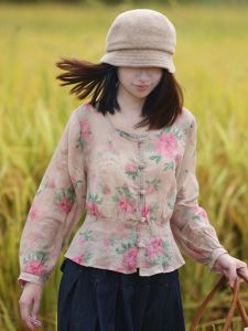 High-End Flax Shirt Original Design Long Sleeve Floral Print Artistic Womens Spring New Style Loose Fit round Neck Top