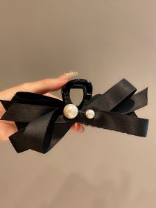 Elegant Black Bow Hair Accessory for Women Multi-Layer Pearl Design Large Shark Clip Stylish New Model Korean Style Hair Grabber