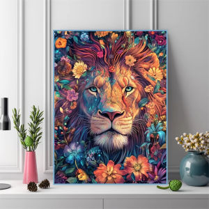 500/1000/1200/2000PCS Jigsaw Puzzle Majestic Lion Surrounded By Colorful Flowers For Adults Perfect For Quiet Evening Activity