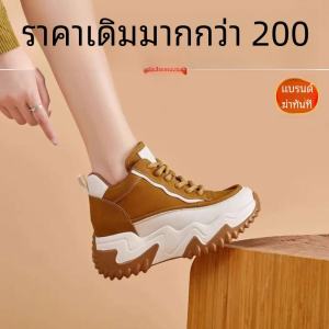 รองเท้าผ้าใบหนาส้นสูงสำหรับผู้หญิง ทรงลำลอง ฤดูใบไม้ผลิและฤดูใบไม้ร่วง รองเท้ากีฬาแบบสวมหัวกลม พื้นยาง รองเท้าเด็กคุณพ่อ