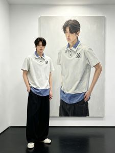 OUMULONG | Color-blocked Checkered Polo Shirt Men Cotton Short Sleeve