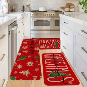 VIKAMA 2/3pcs Christmas Red Festive Carpet Home Decor Kitchen And Corridor Floor Warm And Soft Water-Absorbent And Dirt-Proof