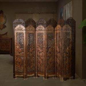 ฉากกั้นห้อง ไม้สัก แกะลายสองด้าน Solid Wood Screen ฉากพับกั้นห้อง สไตล์โบราณ ขนาดกว้าง 210cm สูง 175cm จัดส่งฟรี