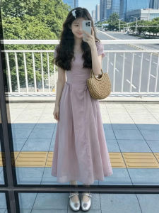 NIUVIES | Đầm Ngắn Tay Tím Kiểu Pháp Dập Ly eo