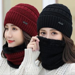 【♡Lovely girls house♡】2 in 1 Beanie Winter Cap Neck Scarf Warm Winter Hat Wool Fleece Cap Bonet Hat Scarf