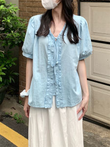 Blue Doll Shirt Womens Summer New Korean Style Small Bubble Sleeve Short Sleeve Blouse Loose Fit V-neck Pure Color Top