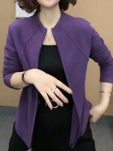 เสื้อคาร์ดิแกนคอตั้งมีซิปแขนยาวสไตล์เกาหลีสำหรับผู้หญิงวัยกลางคนและผู้สูงอายุในฤดูใบไม้ร่วงและฤดูหนาว