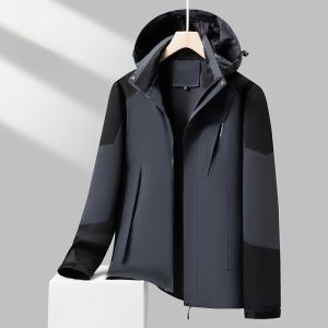 ROMON | Lormen Mens Spring Autumn Outdoor Windproof Waterproof Hooded Jacket Casual Sports Travel Outerwear Polyester Fiber Zipper