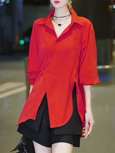 QINGNAER | Asymmetrical Oblique Button Split Shirt for Plus Size Women
