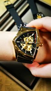 WINNER Fashion Triangle Skeleton Automatic Mechanical Watch for Men Gold Sports Mens Watches Top Brand Luxury Rubber Strap Gifts
