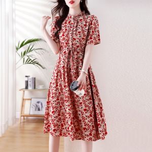 Floral Print Chiffon Dress Womens A-Line Slimming Summer New Style Short Sleeve Long Dress Beautiful Korean Style Commute Dress