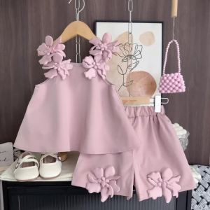Melario | 3 4 5 6 7-year-old Solid Color Girls Casual Clothes Summer New 3D Flower Suspender Top+shorts Two-piece Set Korean Version