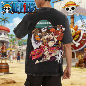 Bandai | One Piece Female Swordsman Element Retro Old Washed Short Sleeve Gothic Street Style Anime T-Shirt Summer Mens and Womens Tops