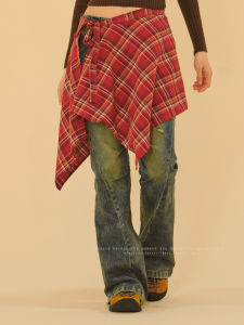 เข็มขัดลายสก็อตสไตล์อเมริกันย้อนยุคสีแดงสำหรับผู้หญิง เข็มขัดปลอมเสื้อเชิ้ต เข็มขัดรัดเอว ผ้าฝ้าย ฤดูใบไม้ผลิและฤดูร้อน