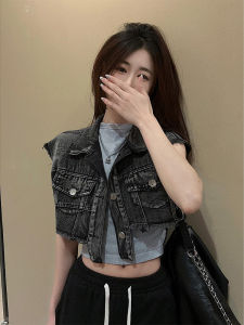 เสื้อกั๊กผ้ายีนส์ชายรุ่ยดูมีดีไซน์แนววินเทจเสื้อกั๊กทรงหลวมใส่ช่วงฤดูร้อนสำหรับผู้หญิงตัวเล็กเสื้อตัวบนแบบสั้นปล่อยชายไม่เท่ากัน