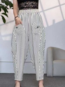 กางเกงทรงหลวมเอวยางยืดลายทางสำหรับผู้หญิง กางเกงขายาวทรงหลวมสไตล์ฮาราจูกุ ทรงเข้ารูป ทรงหลวม ทรงเข้ารูป สไตล์เกาหลี