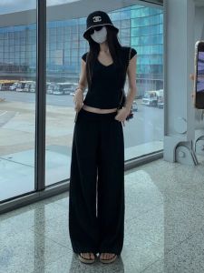 VKSOD | Korean Style V-Neck Short Sleeve T-Shirt Womens High Waist Loose Slimming Wide Leg Pants Two-Piece Set Summer Fashion