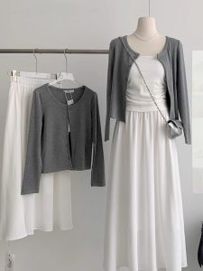 Áo Khoác Cardigan Dệt Kim Màu Xám Cho Nữ Mùa Hè Áo Khoác Ngoài Dài Tay Mỏng Áo Sơ Mi Dài Tay Thời Trang Đầu Thu Áo Khoác Ngoài