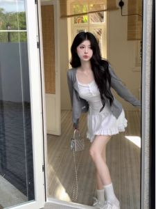 Fashionable Grey Knitted Open Cardigan Womens Long Sleeve Slim Fit Summer Sun Protection Top Single Button Korean Style