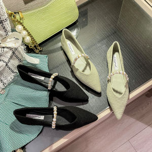 French Style Pointed Toe Flat Heels Womens Shoes Soft Bottom Slip-On Black Spring Autumn Fashion Pearls Buckle Casual Loafers