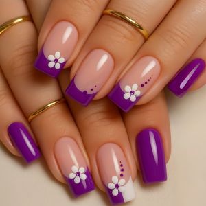 Medium square fake nails for women girls purple white flowers design for Spring summer french nail tips press on false nail art