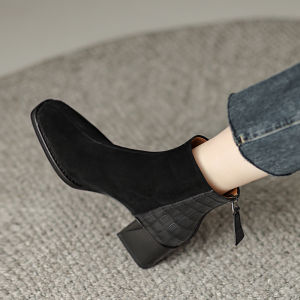 Leather Square Head Short Boots Chunky Heel Martin Boots Short High Heel Chelsea Boots round Toe Ankle Boots Spring Autumn