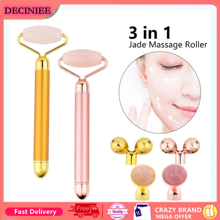 3 In 1 Electric Jade Roller Set Rose Quartz Jade Roller Stone With 3 Replaceable Heads Face 