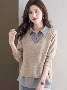 Fashionable Loose Knitted Sweater Top Womens Spring Clothing 2025 New Style Shirt Collar Fake Two-Piece Slimming Base Shirt