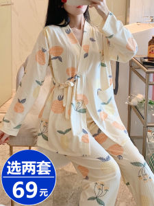 Spring Autumn Lightweight Home Clothes Womens Sleepwear Yellow Orange Floral Print Long Sleeve V-Neck Pure Cotton Kimono