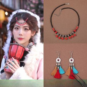 สร้อยคอแบบโบราณสไตล์ชาติพันธุ์สีแดง จี้คางแบบทิเบต สร้อยคอแบบคอ จี้คางแบบทิเบต เครื่องประดับผมสำหรับผู้หญิง