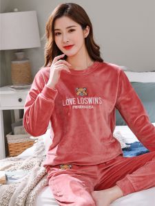 Thickened Coral Fleece Sleepwear Long Sleeve Hooded Home Clothes for Women Island Velvet Winter Warm Style Home Comfortable