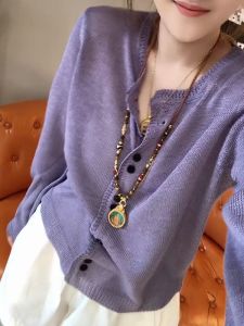 UYFY | Áo Sweater Knit Cổ Tròn Tay Dài Màu Tím Rộng & Giảm Cân